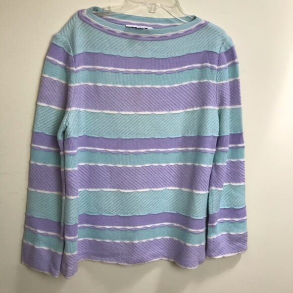 St. John Vintage Pastel Striped Scalloped Textured Sweater Crew Neck Top Knit M - Picture 4 of 13